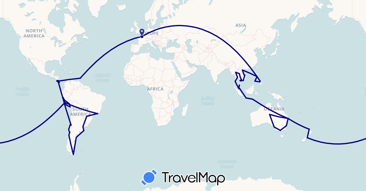 TravelMap itinerary: driving in Argentina, Australia, Brazil, Chile, Costa Rica, France, Indonesia, Cambodia, Malaysia, New Zealand, Panama, Peru, Philippines, Thailand, Saint Vincent and the Grenadines, Vietnam (Asia, Europe, North America, Oceania, South America)